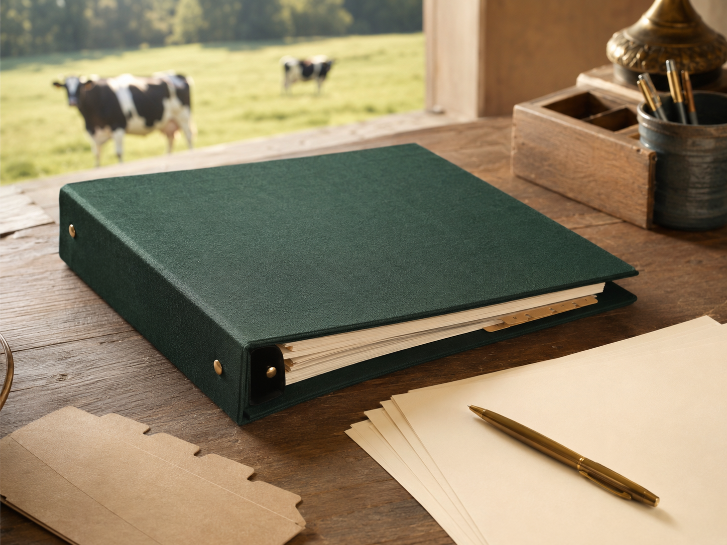Green farm office binder, divider tabs and blank record forms on a wooden desk